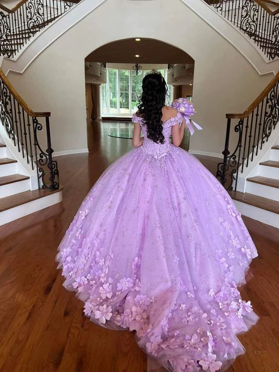 Purple Floral XV 15 Quinceanera Dress 3D Flowers Off Shoulder