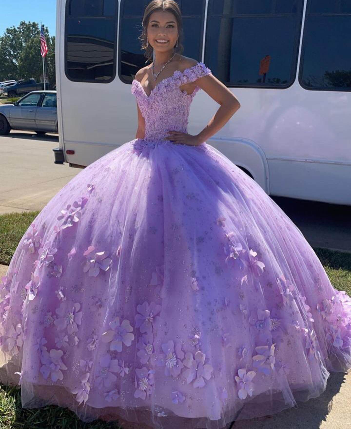 Purple Floral XV 15 Quinceanera Dress 3D Flowers Off Shoulder