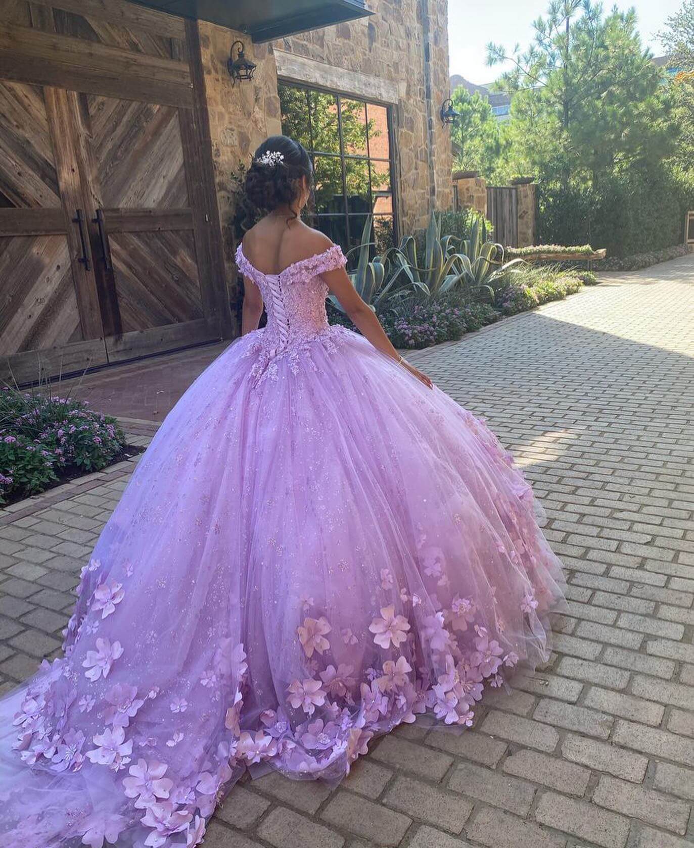 Purple Floral XV 15 Quinceanera Dress 3D Flowers Off Shoulder