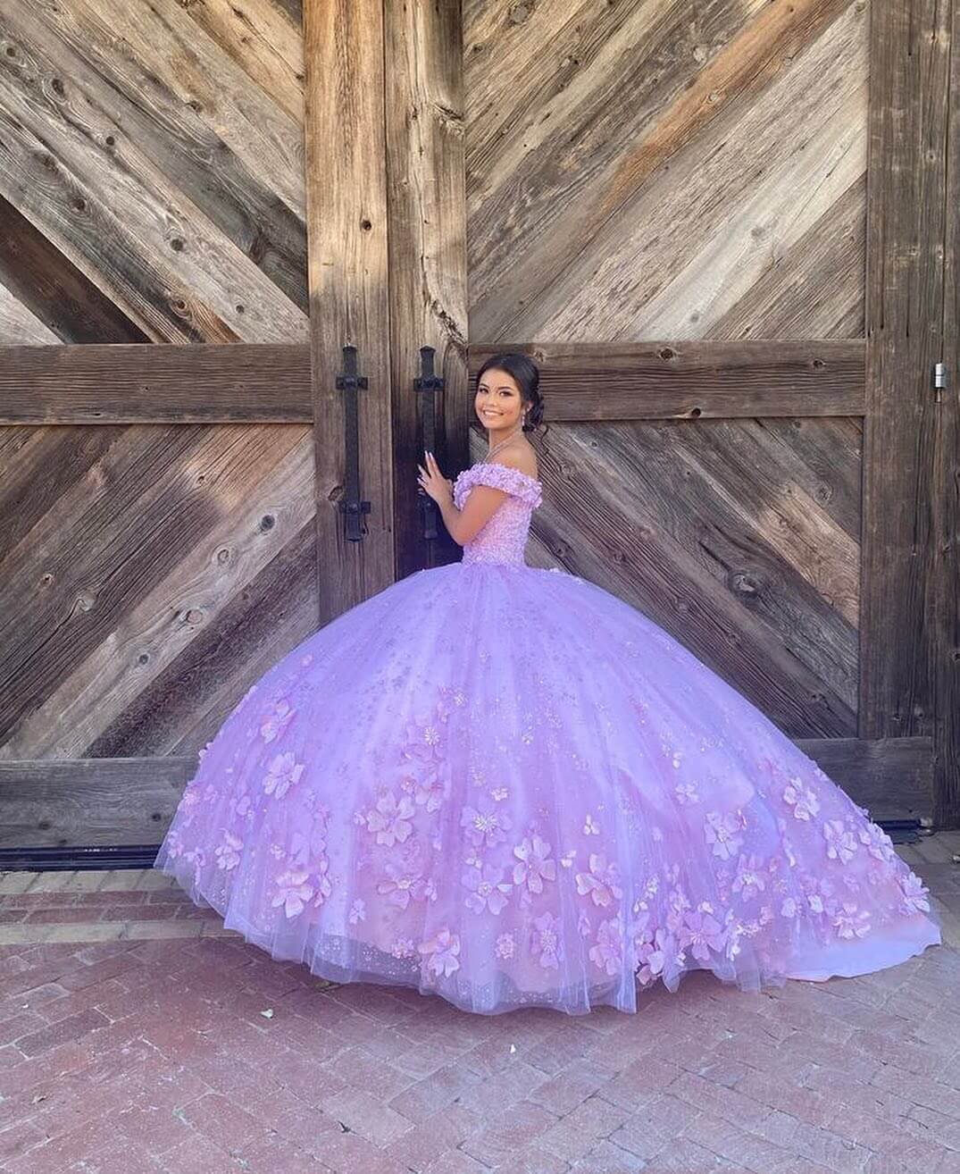 Purple Floral XV 15 Quinceanera Dress 3D Flowers Off Shoulder
