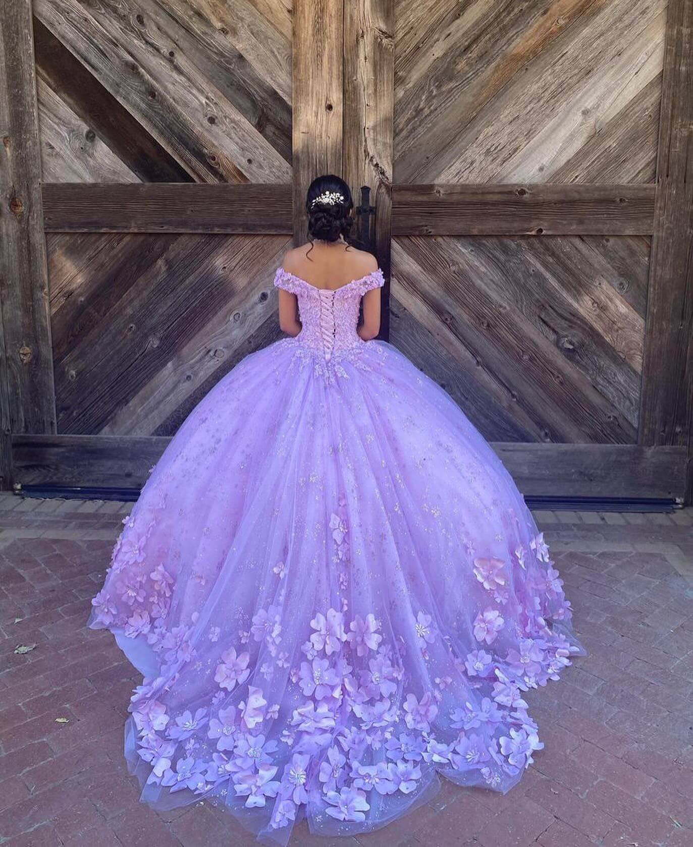 Purple Floral XV 15 Quinceanera Dress 3D Flowers Off Shoulder