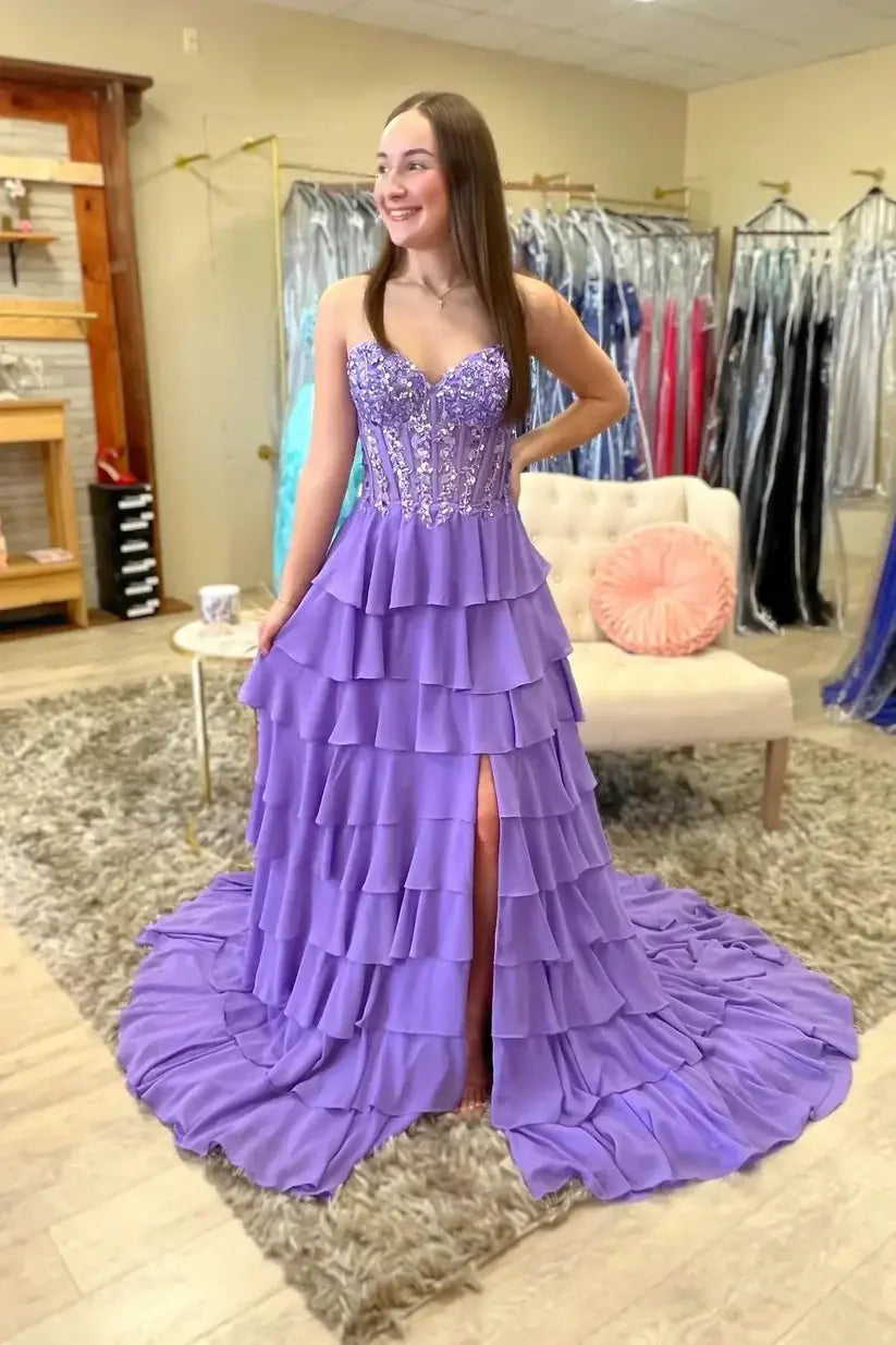 Purple Lace Corset Prom Dress Tiered Ruffles with High Slit