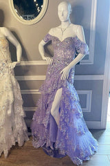 A Line Purple Prom Dresses Tiered Sequins Off the shoulder