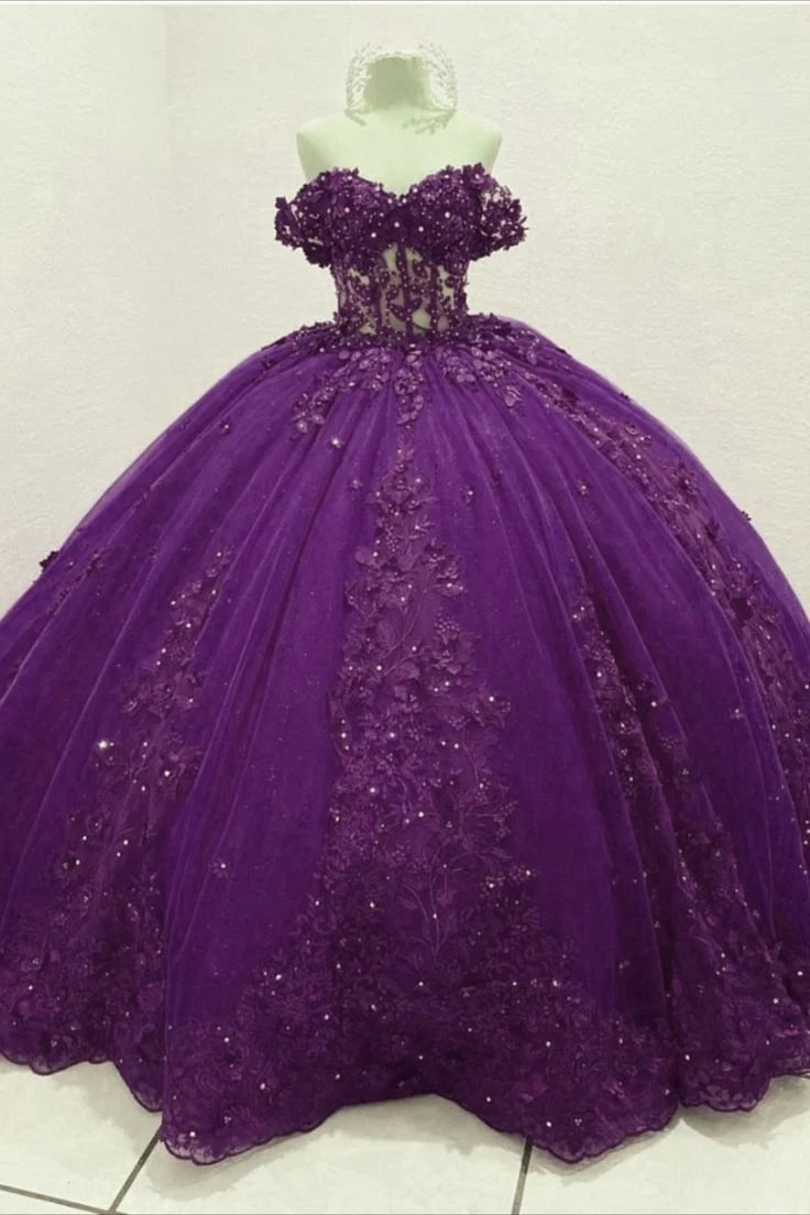 Vestidos de quinceañera azul real con hombros descubiertos, apliques de encaje, vestido de dulce 16 con cuentas