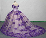 Princess Purple 3D Flower Quinceanera Dress Off The Shoulder Ball Gowns