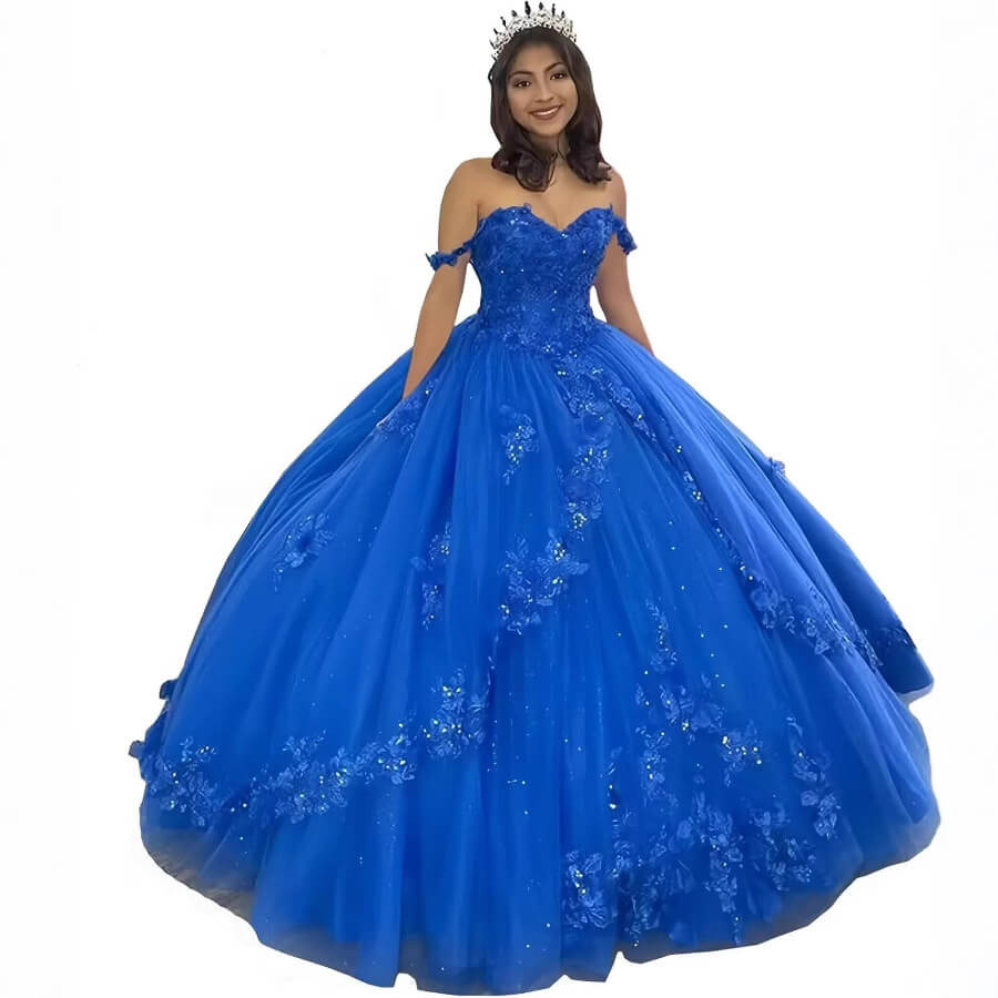 Off the Shoulder Flowers Beaded Royal Blue Ball Gown Quinceanera Dresses