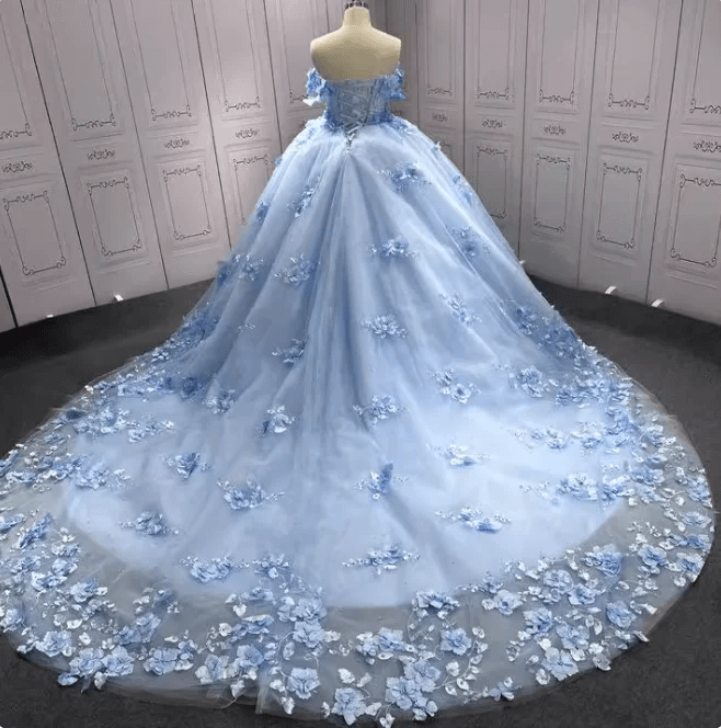 Blue Quinceanera Dresses 3D Flowers Beaded Sweet 16 Birghtday Party Ball Gowns
