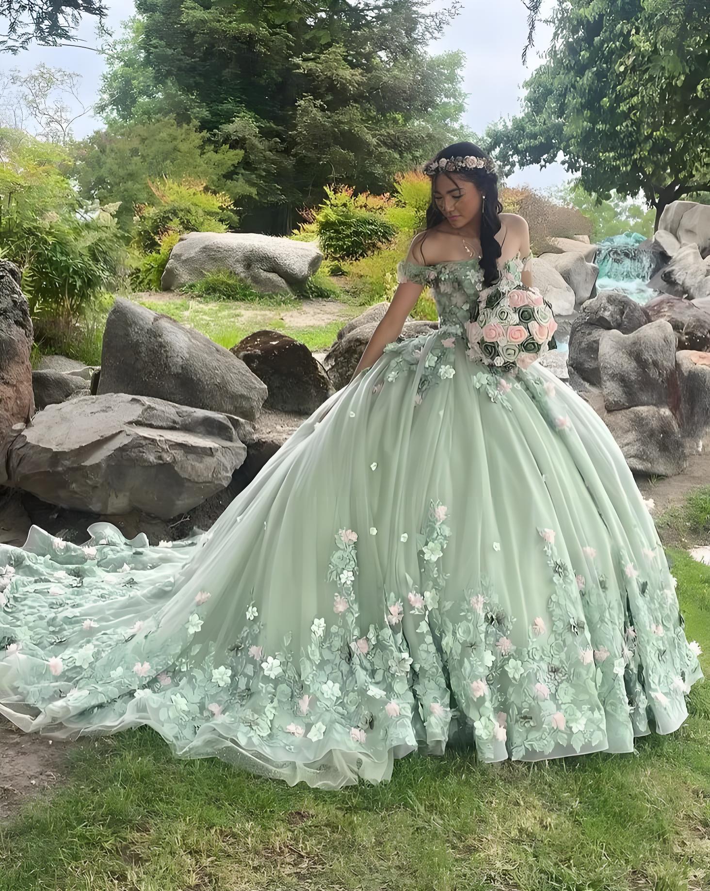 Off Shoulder 3D Floral Quinceanera Dresses Lace Puffy Sweet 16 Dress with Train