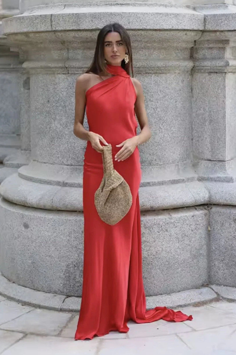 Orange-satin-wedding-guest-dress-halter-maxi-dress-mychicdress