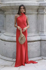 Orange-satin-wedding-guest-dress-halter-maxi-dress-mychicdress