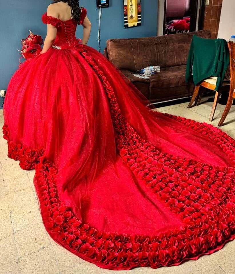 Red Ball Gown 3D Flower Quinceanera Dress Off Shoulder with Beaded Belt