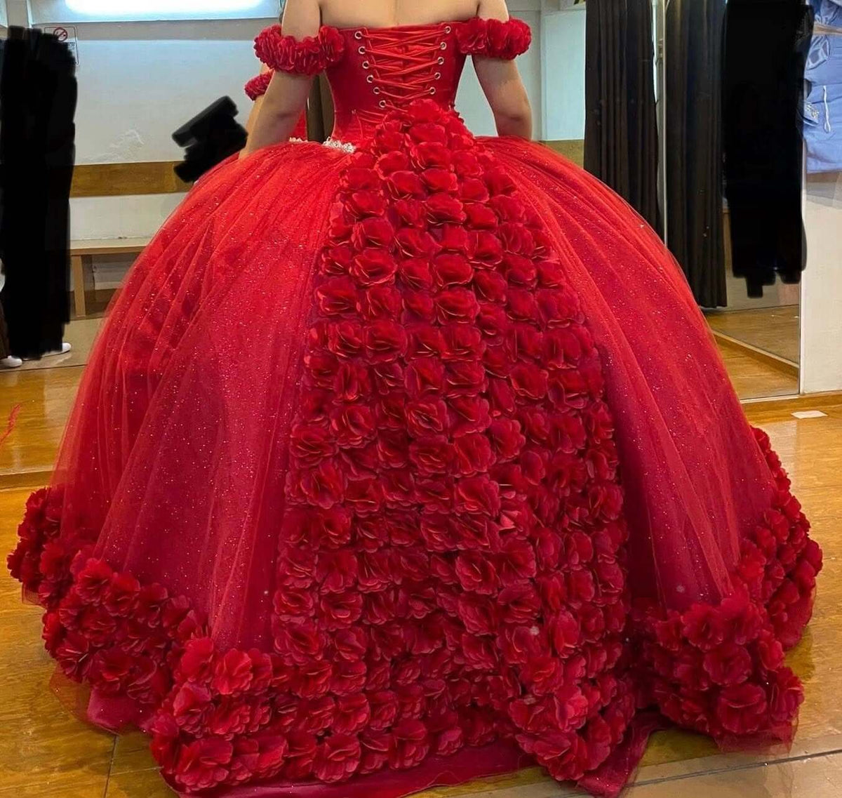 Red Ball Gown 3D Flower Quinceanera Dress Off Shoulder with Beaded Belt