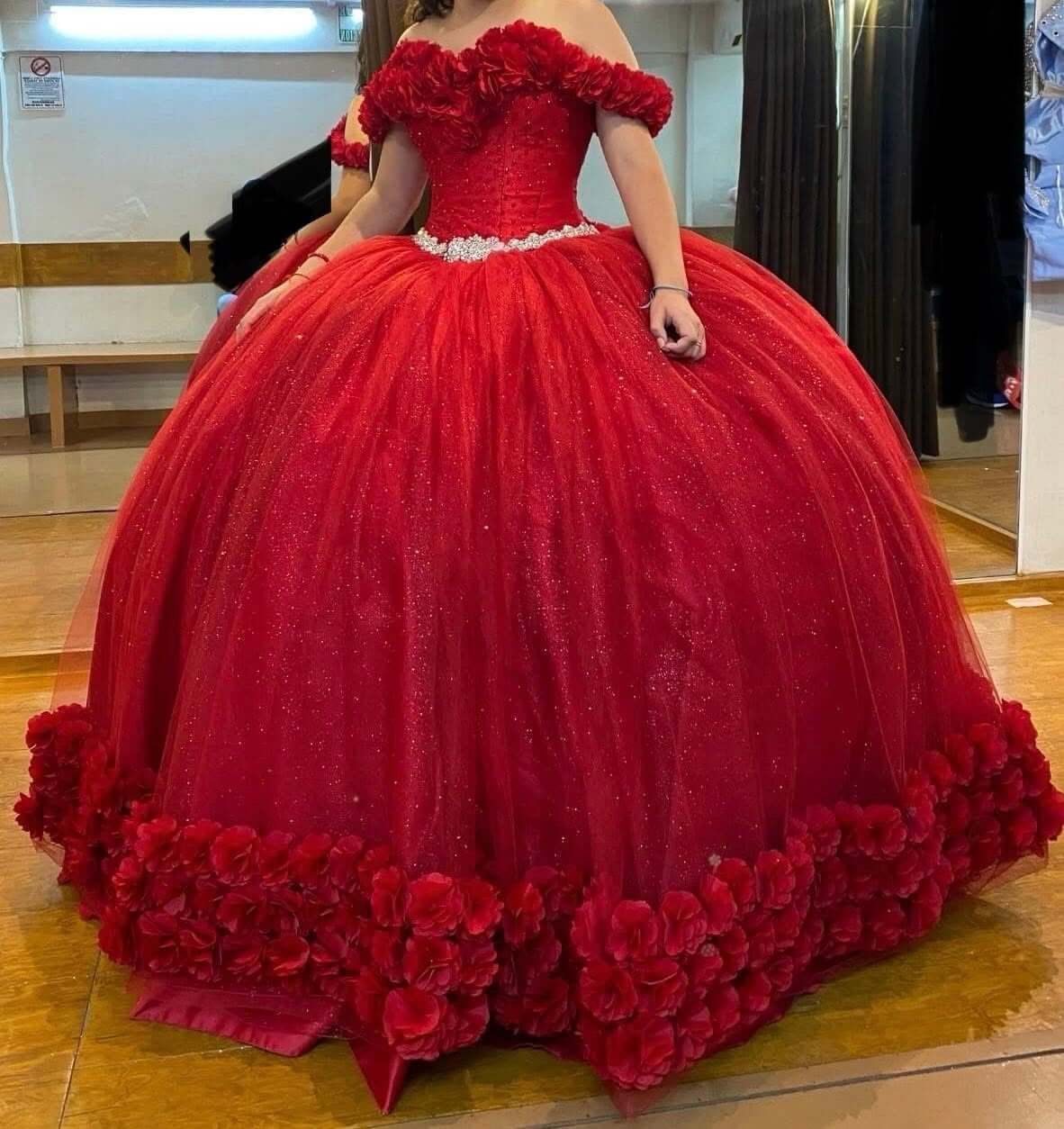 Red Ball Gown 3D Flower Quinceanera Dress Off Shoulder with Beaded Belt