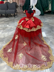 Red Gold Mini Quince Dress for Little Girls Tiered with Train
