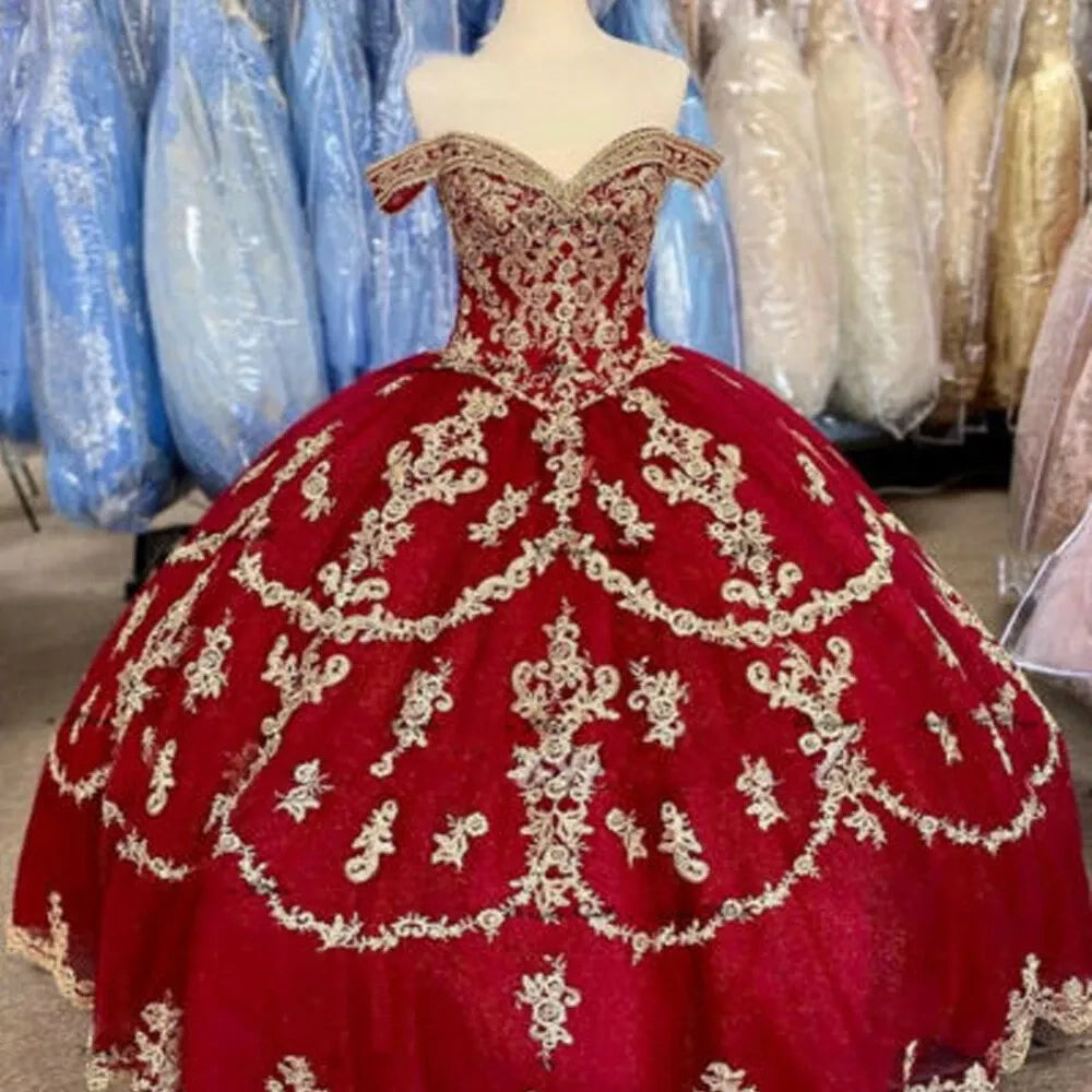 Red Gold Sweet 16 Dress Tulle Lace Quince Dress Vestidos de 15 Años Off Shoulder