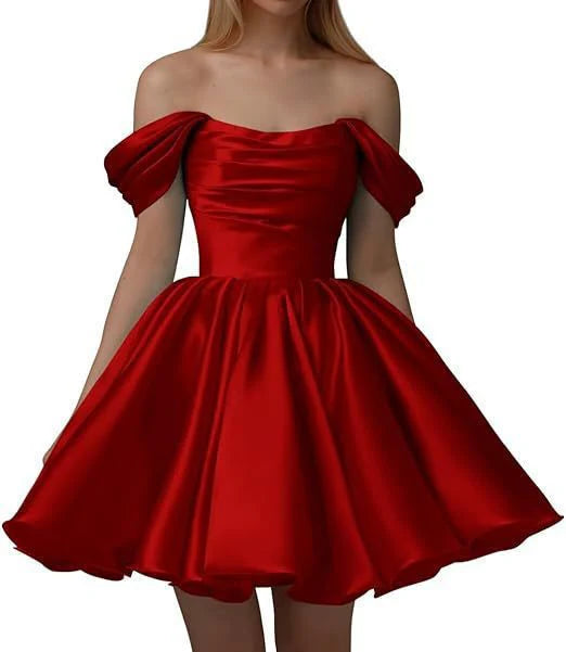Vestido de satén de corte A para adolescentes, vestido de cóctel corto con hombros descubiertos