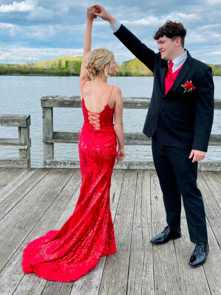 Red Lace Sequins Prom Dress Long Open Back V Neck Formal Dress
