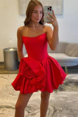 Strapless Red Mini Homecoming Dress Satin with 3D Flower