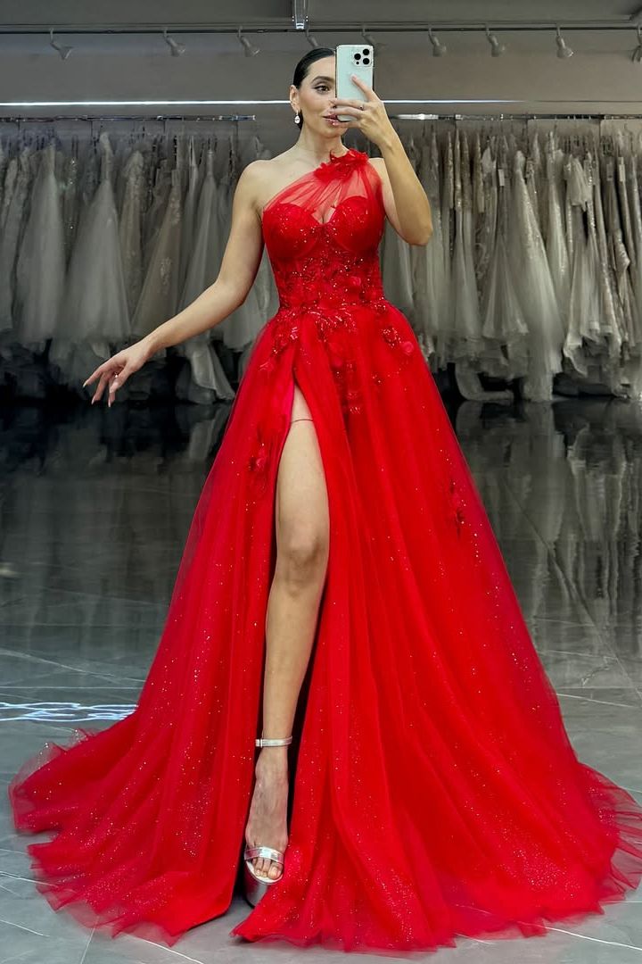 Mychicdress Red One Shoulder Long Prom Dresses UK with Split