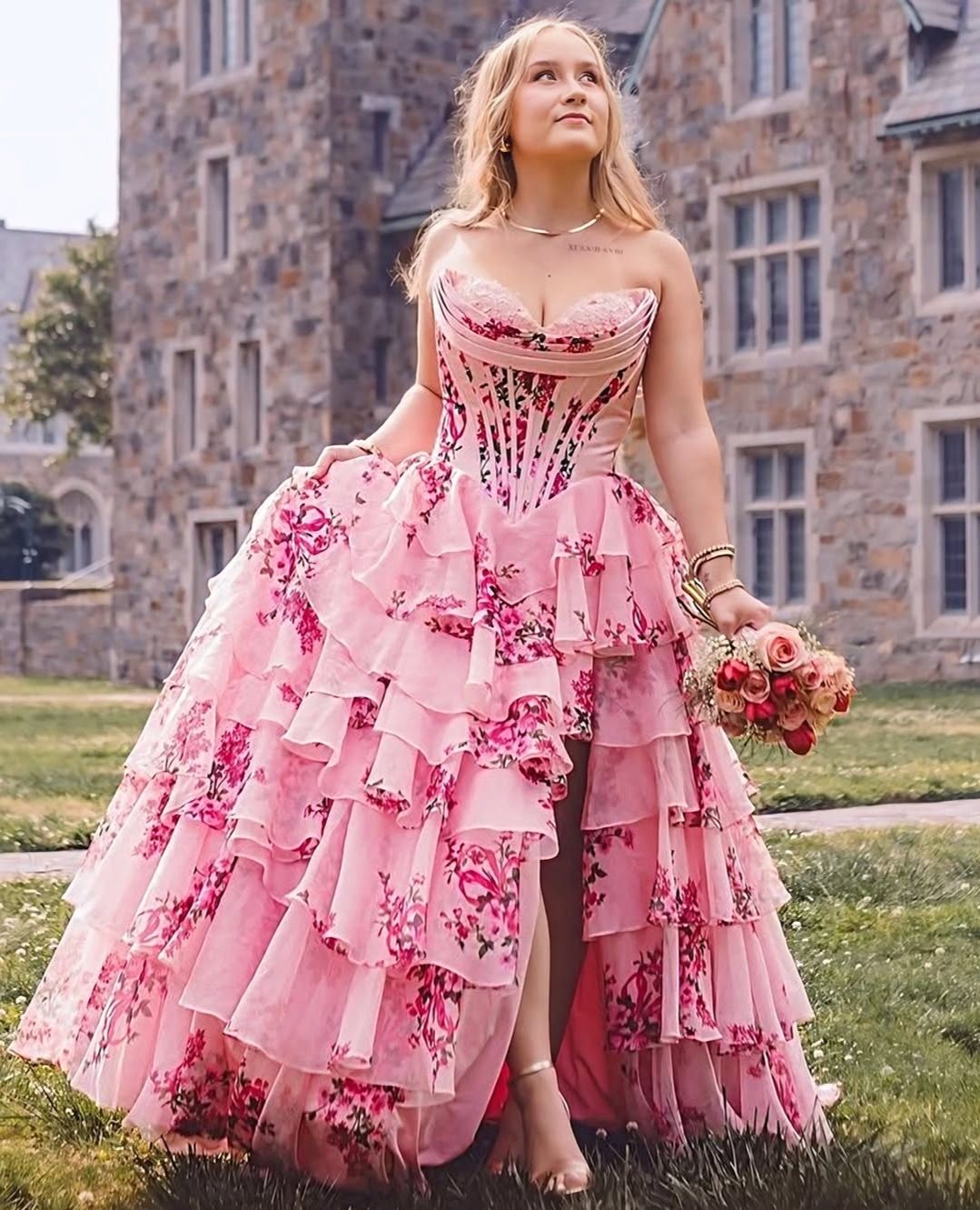 Vestido de fiesta sin tirantes con estampado floral, largo de gasa estadounidense con falda con volantes