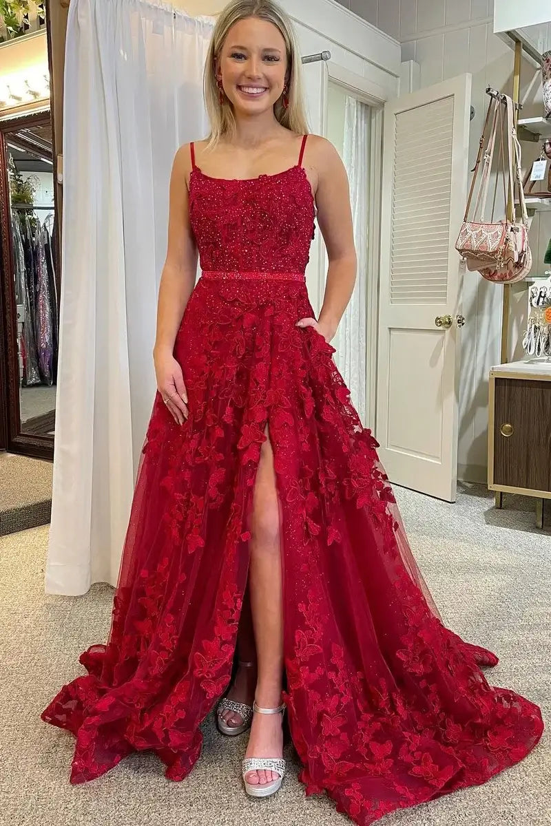 A-Line Lace Appliques Butterfly Prom Dress Lavender with Slit