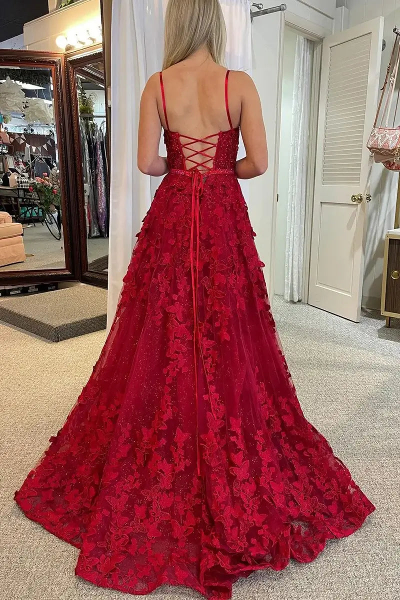 A-Line Lace Appliques Butterfly Prom Dress Lavender with Slit