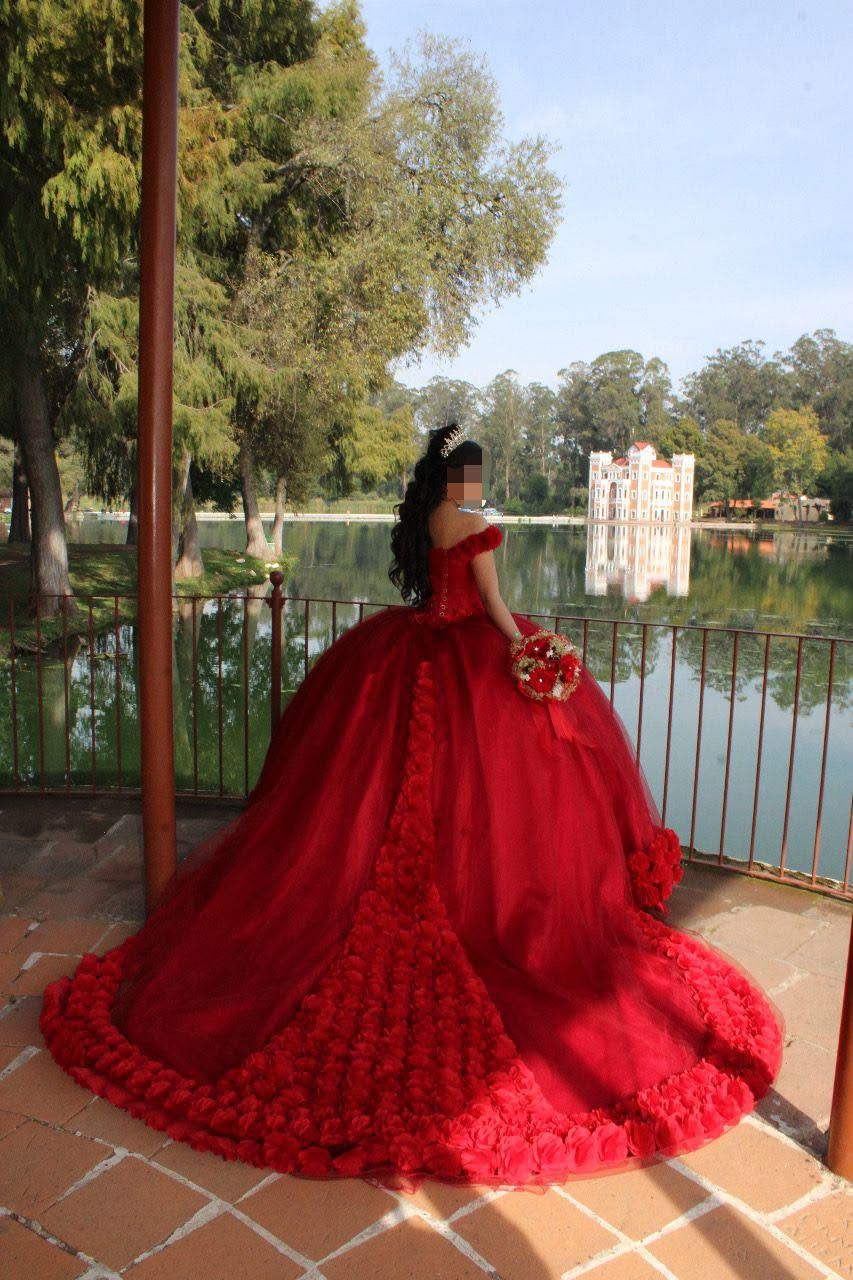 Princess Red Ball Gown Tulle Wedding Dresses Off the Shoulder Quince Dress
