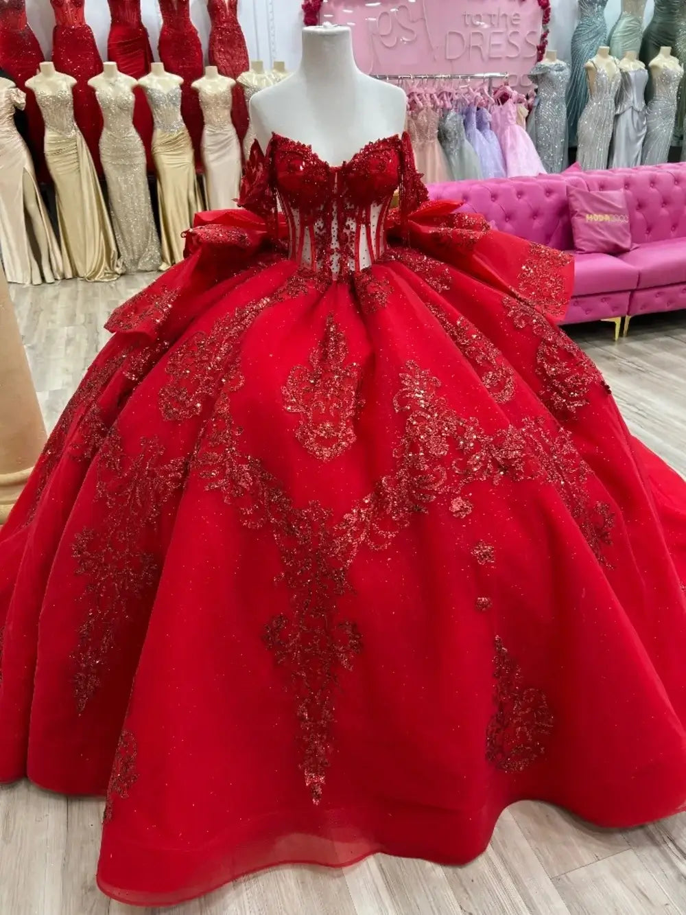 Glitter Corset Red Sweet 16 Dresses Off the Shoulder with Bow