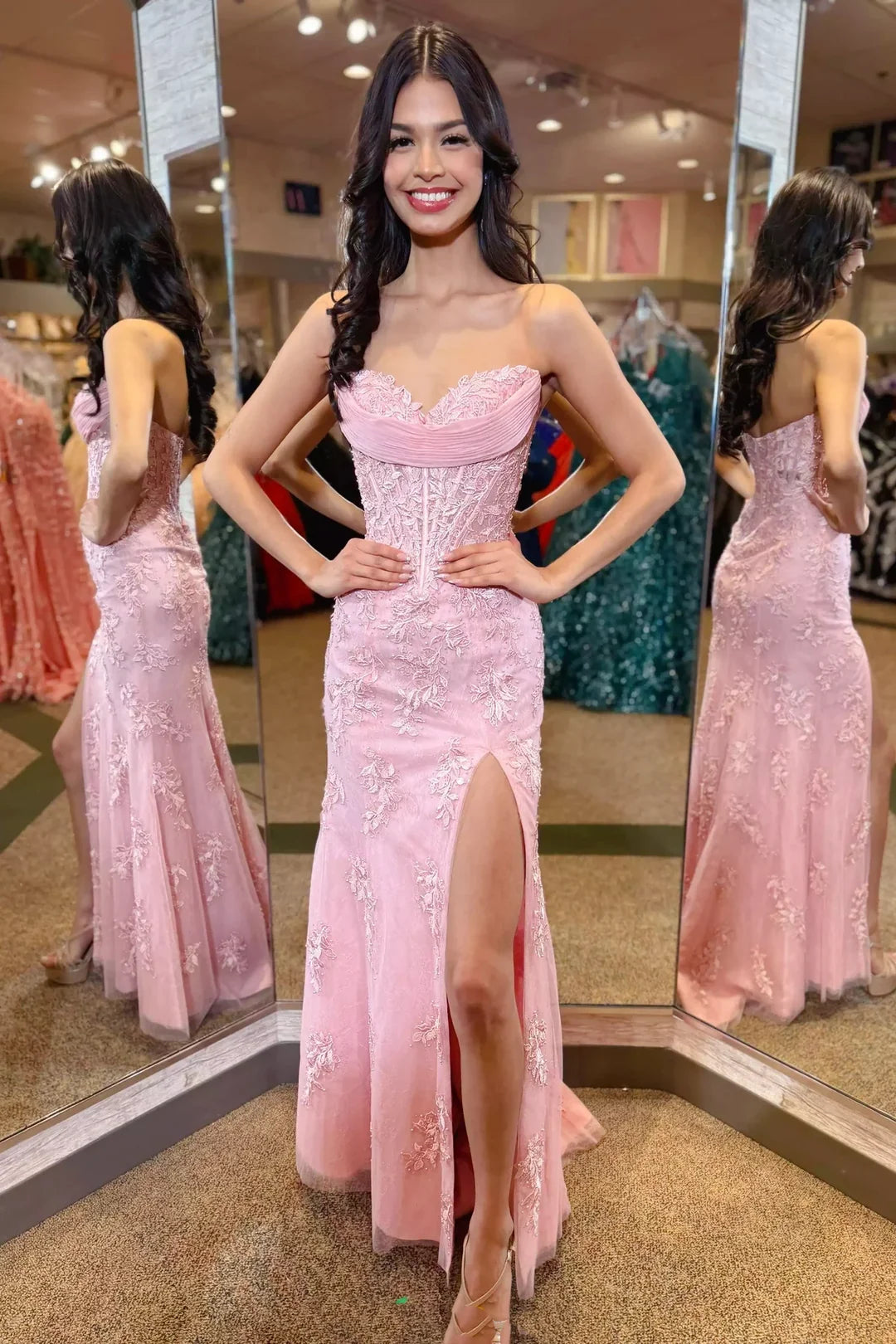 Strapless Corset Lace Prom Dress Pink