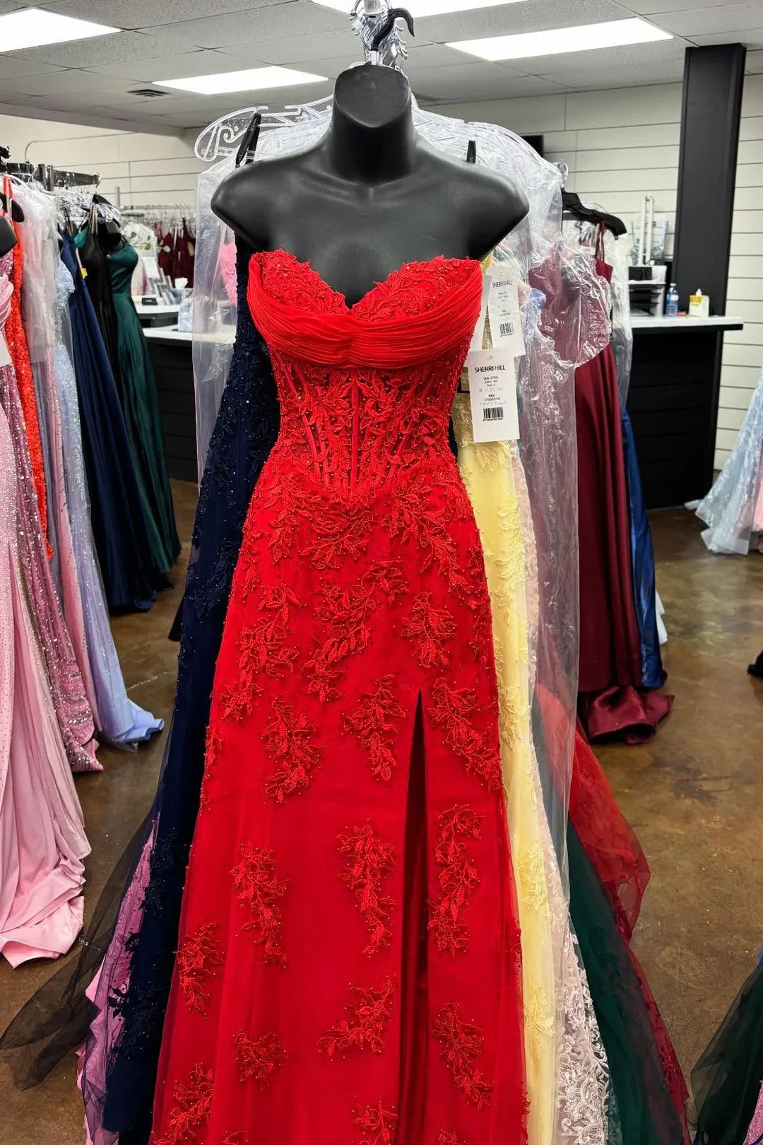 Strapless Corset Lace Prom Dress Red
