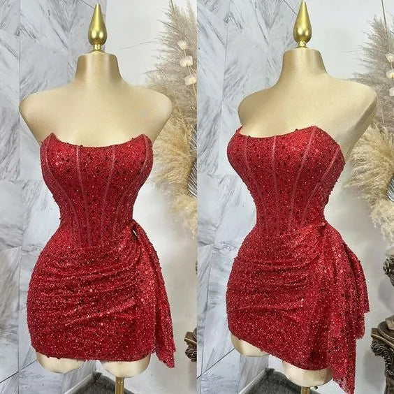 Vestido de fiesta con corsé, sin tirantes y con lentejuelas rosas brillantes