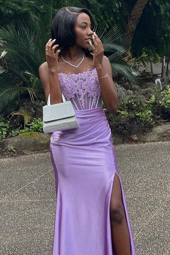  Strapless Fitted Senior Prom Dress Lace Appliques Long Formal Gown Mychicdress