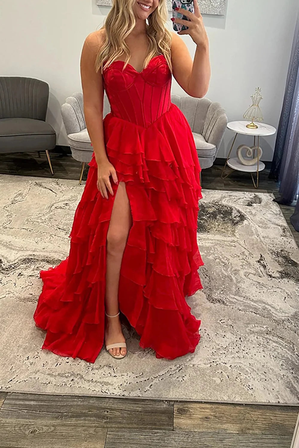 Black Strapless Ruffle Long Prom Dresses with Slit