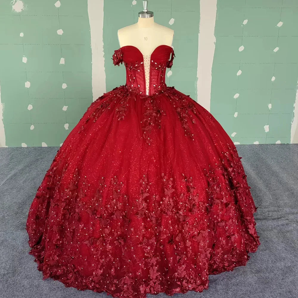 Red Sweet 16 Dress with Butterfly Off Shoulder Vestido de Quince 15 años Mychicdress