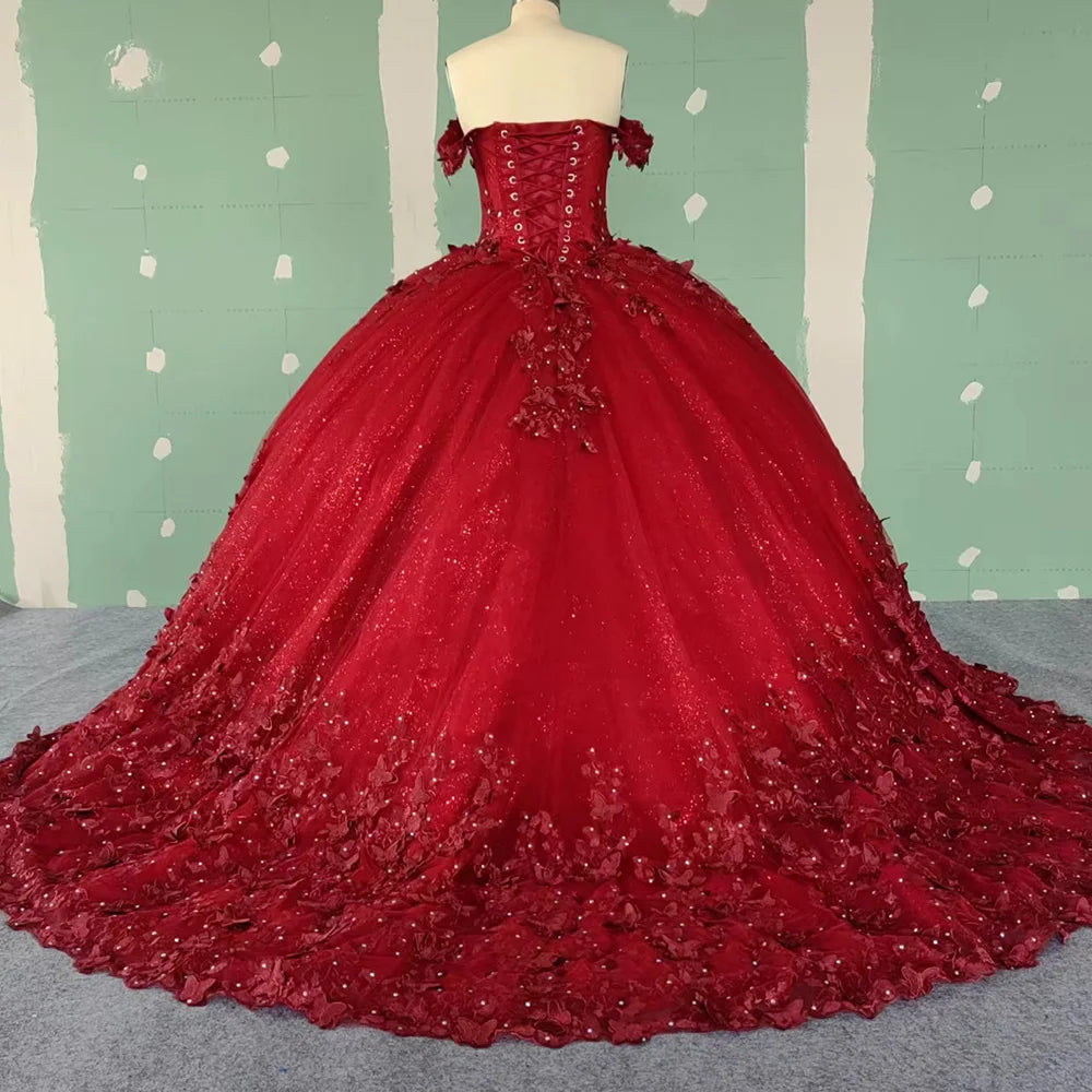 Red Sweet 16 Dress with Butterfly Off Shoulder Vestido de Quince 15 años Mychicdress