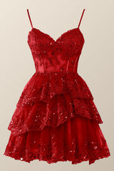 Hot Pink Short Prom Dress Straps Appliques Tiered Homecoming Dress Layered - MyChicDress