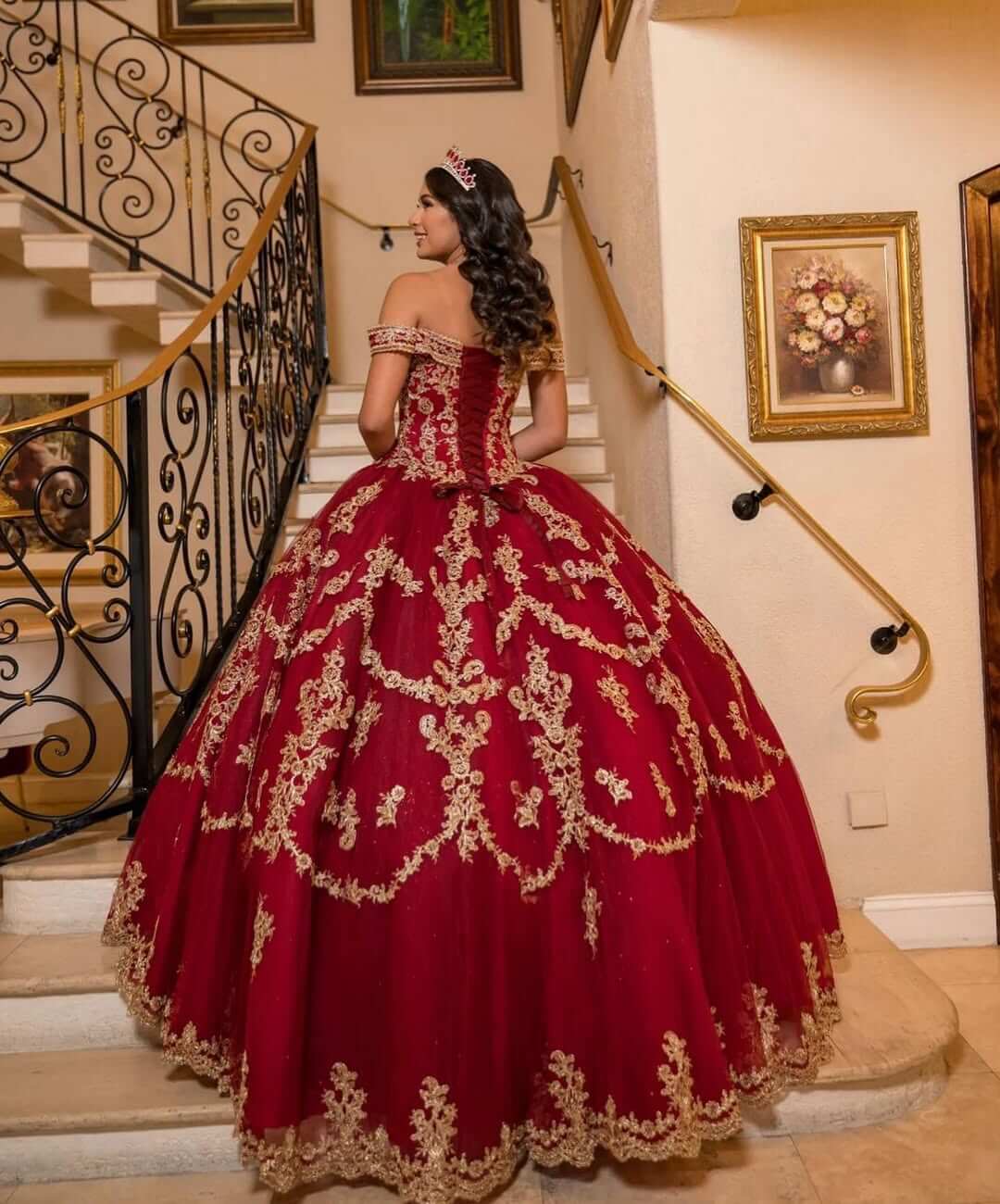 Red Gold Sweet 16 Dress Tulle Lace Quince Dress Vestidos de 15 Años Off Shoulder