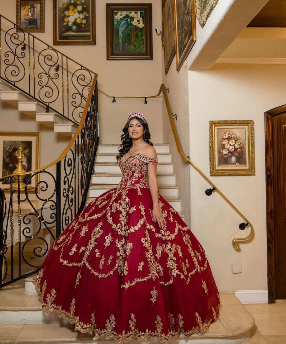 Red Gold Sweet 16 Dress Tulle Lace Quince Dress Vestidos de 15 Años Off Shoulder