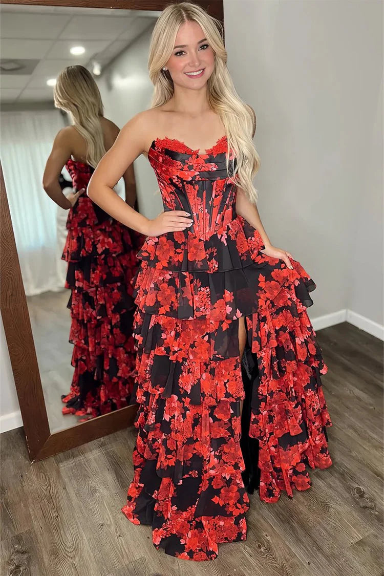 Red Black Floral Ruffled Prom Dresses Strapless A Line With Slit
