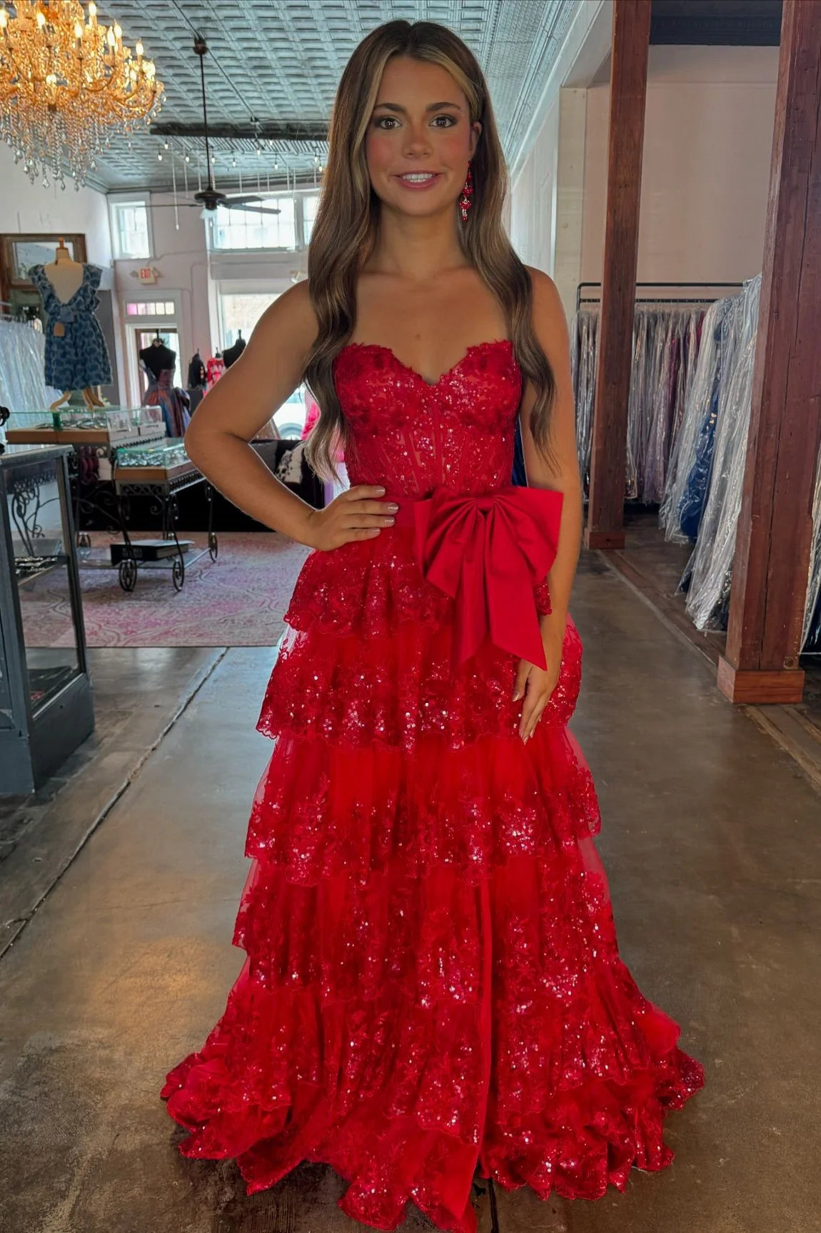 A Line Layered red Prom Dress with Bow Mychicdress