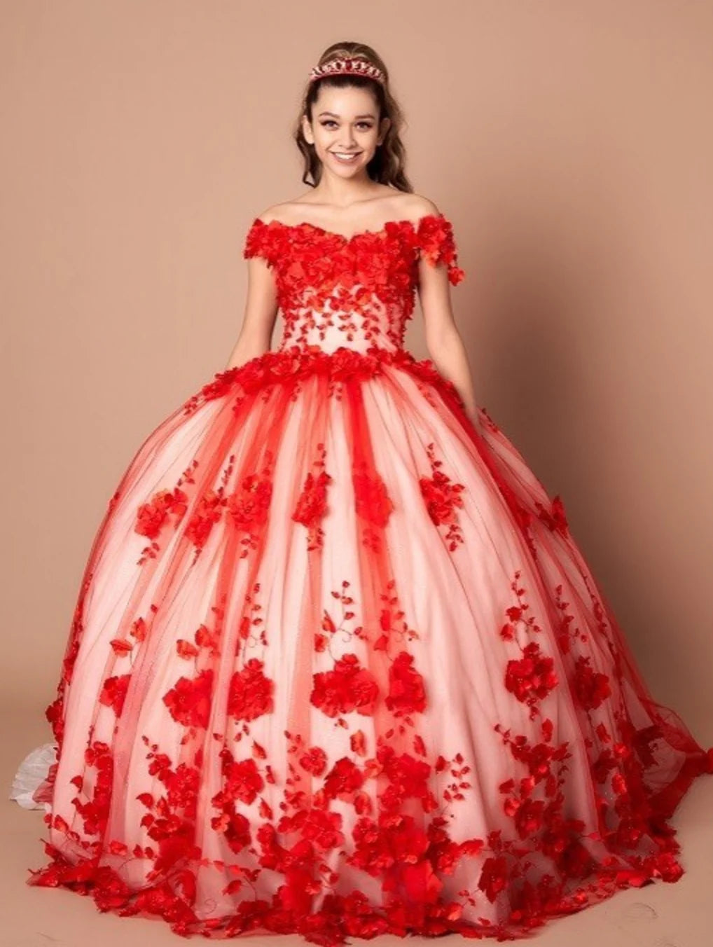 2026 Custom Made 3D Flower Dark Red Lace Quinceanera Dresses Off the Shoulder