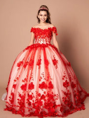 2025 Custom Made 3D Flower Dark Red Lace Quinceanera Dresses Off the Shoulder