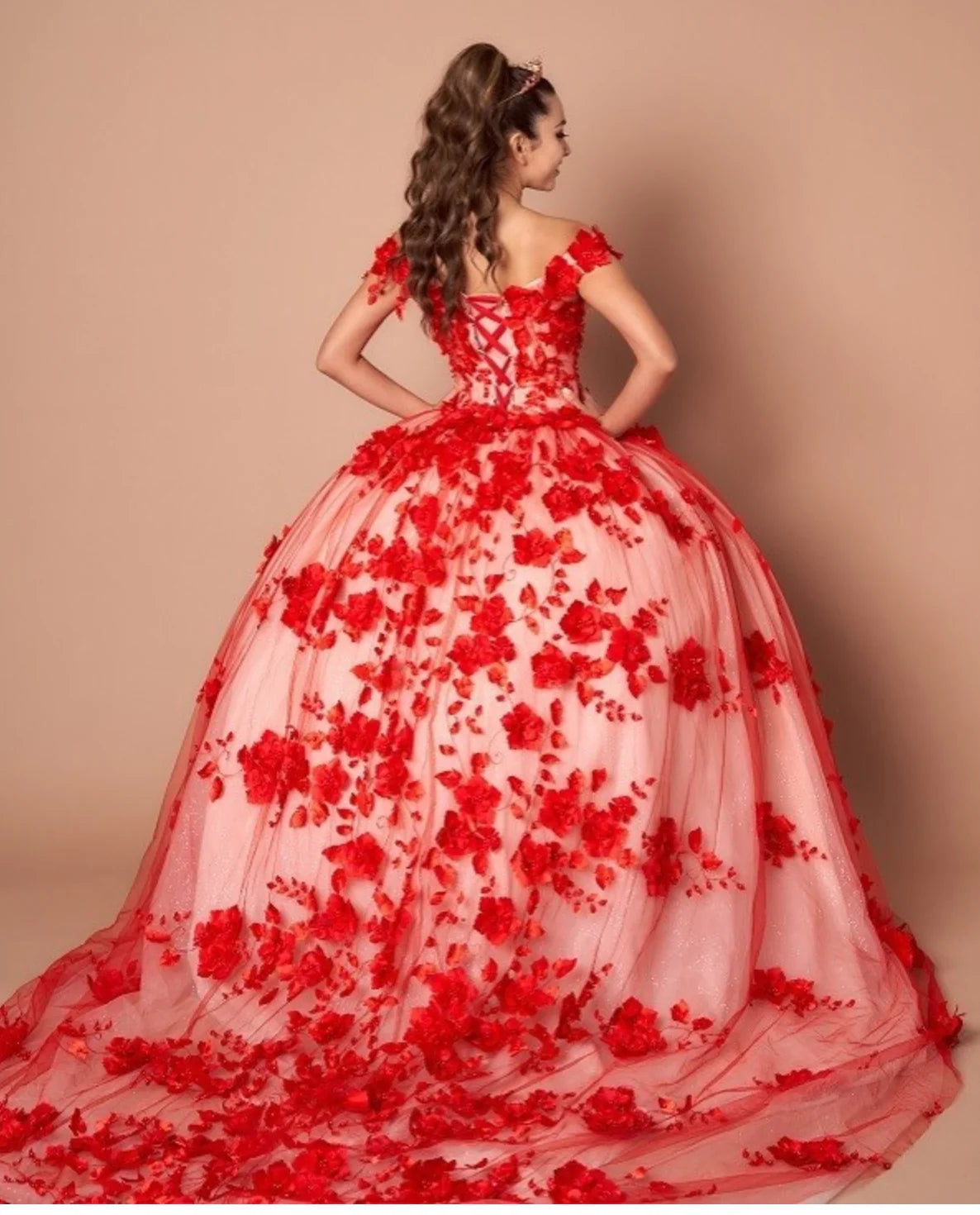2026 Custom Made 3D Flower Dark Red Lace Quinceanera Dresses Off the Shoulder