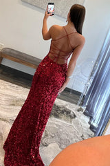 Long Mermaid Navy Blue Sequin Prom Dresses Straps Lace-Up - MyChicDress
