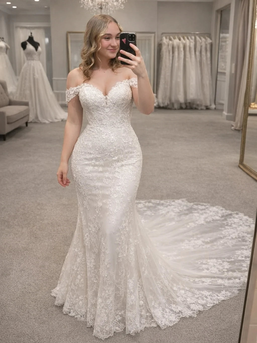 Romantic Lace Wedding Dress Mermaid Off Shoulder With Chapel Train