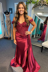 Dark Red Formal Dress Off the Shoulder Mermaid Prom Dress Appliques Mychicdress