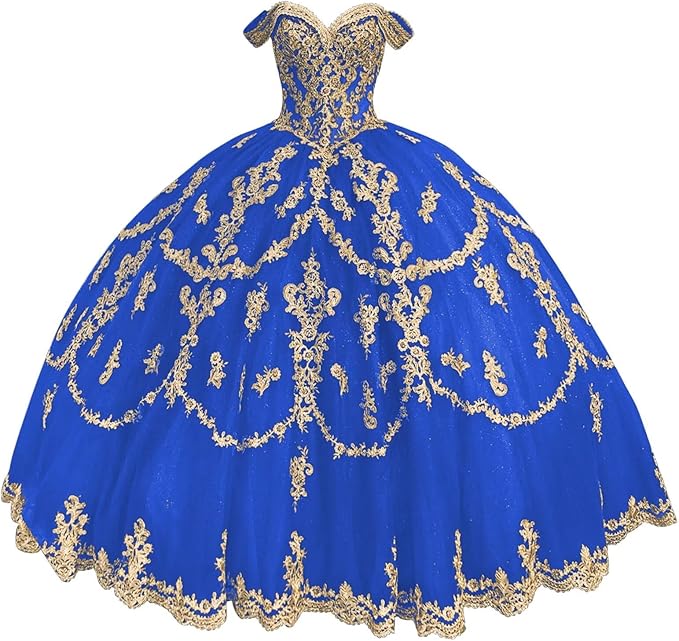 royal blue Sweet 16 Dress Tulle Lace gold Quince Dress Vestidos de 15 Años Off Shoulder Mychicdress