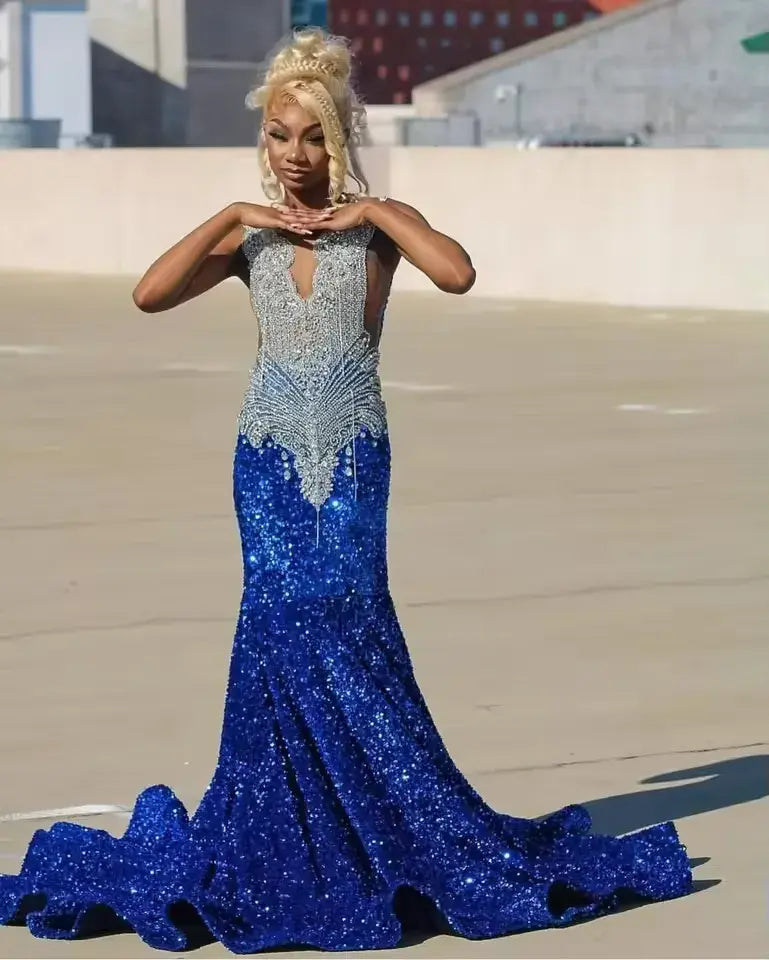 Luxury Sparkly Prom Dresses Royal Blue Sequin Mermaid for Black Girl