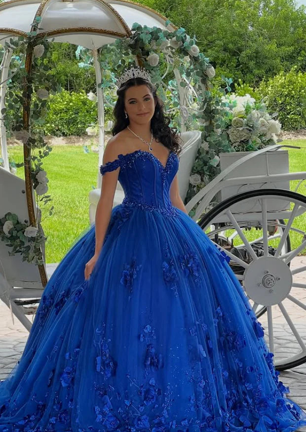 New Royal Blue Quinceanera Dress Beaded Spaghetti Straps with 3D Flowers