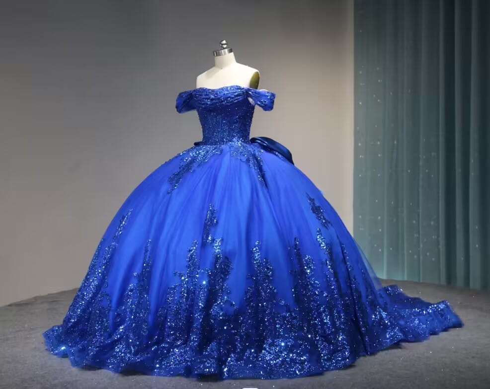 Shiny Royal Blue Off-Shoulder Quinceanera Dress Lace Applique With Bow